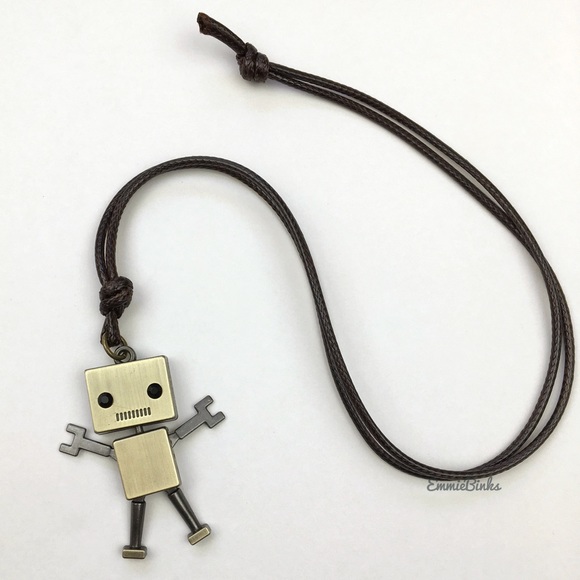 New Metal Robot 2 Sided Pendant Necklace | Unisex Rustic Robot Moving Limbs - Picture 3 of 16